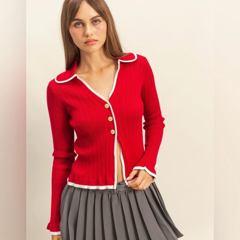 NEW HYFVE Red Ribbed Button Front Top w/ White Trim Coquette Size Medium